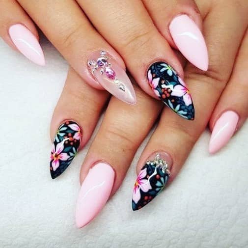 Stunning Black Floral Mountain Peak Nails with Embellishment