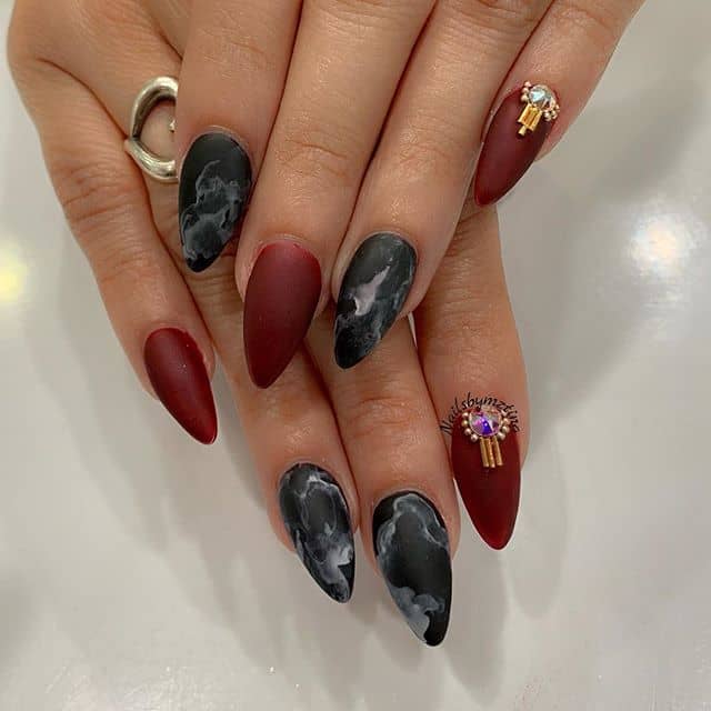 Matte Indian-inspired Almond nails With Marble and Deep Rose