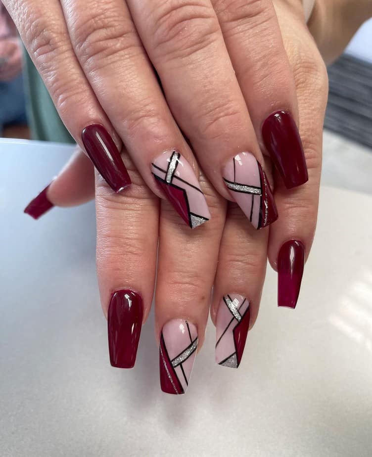 burgundy nails acrylic design